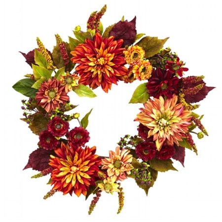 NEARLY NATURAL 22 in. Dahlia and Mum Wreath 4131